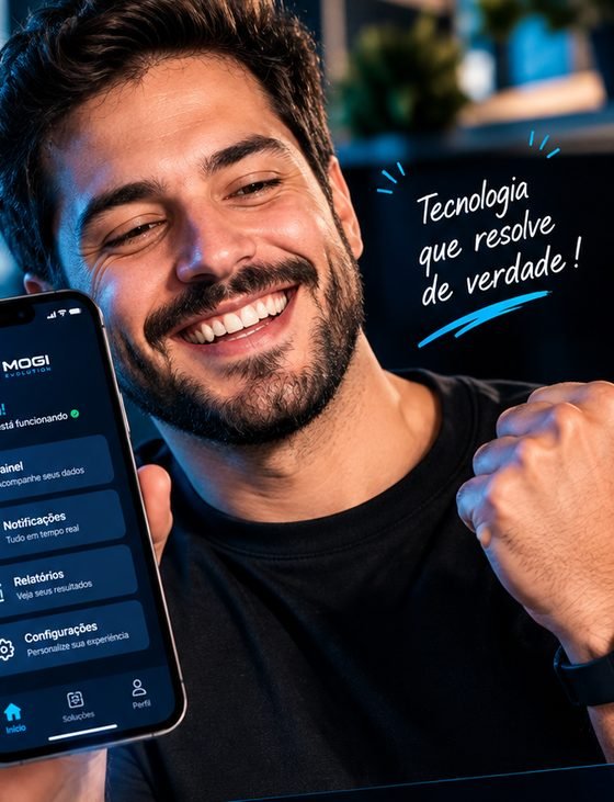 Empresário segurando um smartphone com o aplicativo desenvolvido pela Mogi Evolution em funcionamento